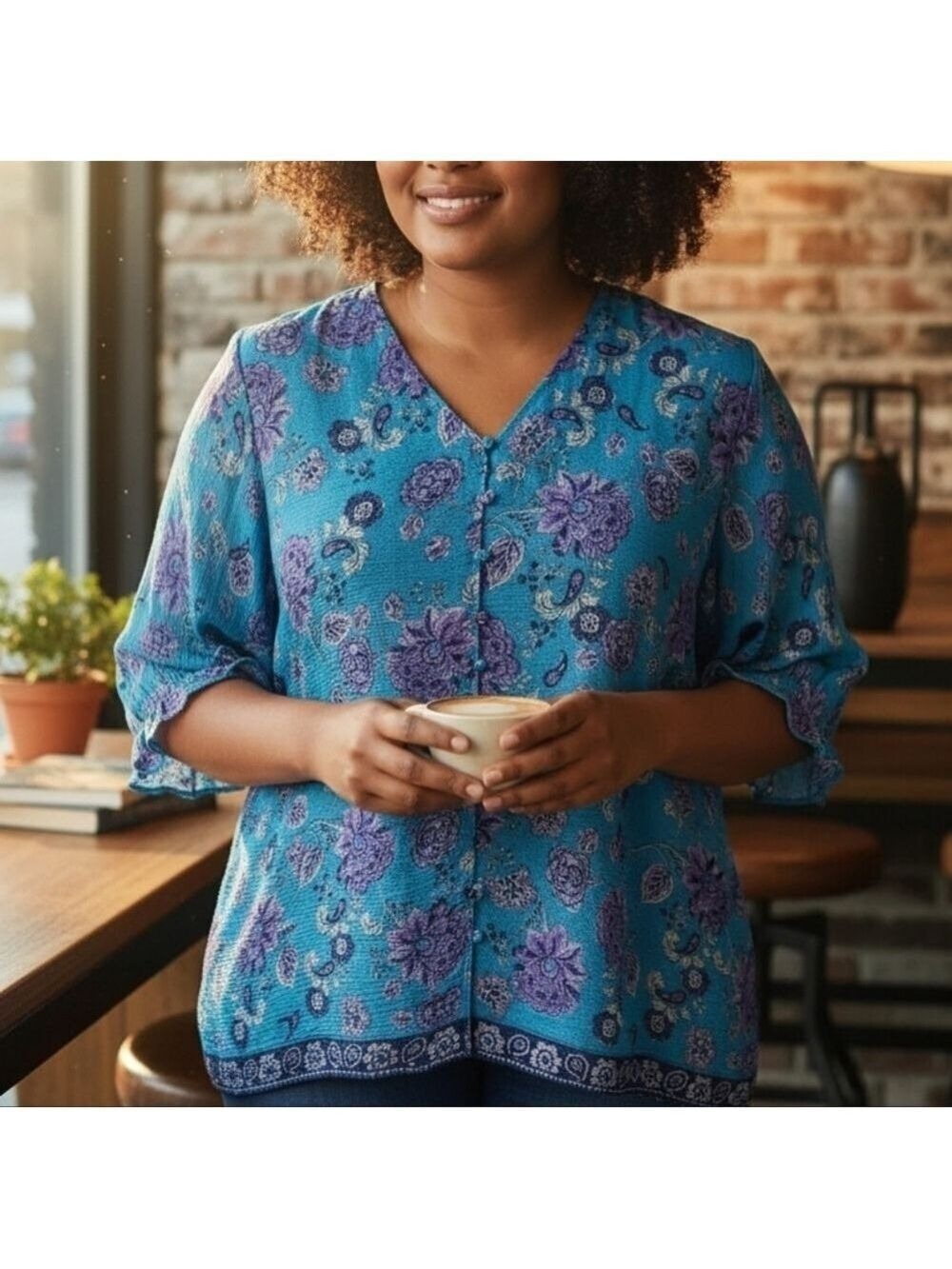 Blue Purple Floral Blouse Women's XL Flowy